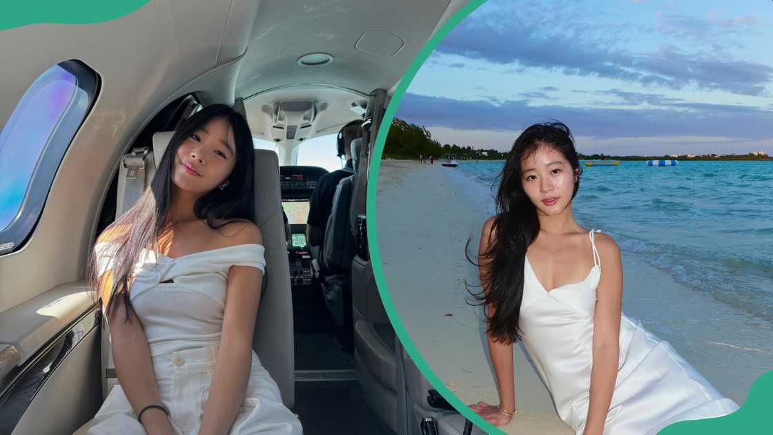 Evelyn Ha is seen in a private jet and at the shores.