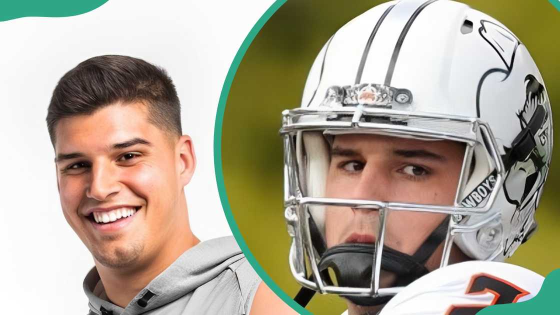 Mason Rudolph poses for a photo in Rock Hill, South Carolina (L). The NFL player wearing the football gear (R)