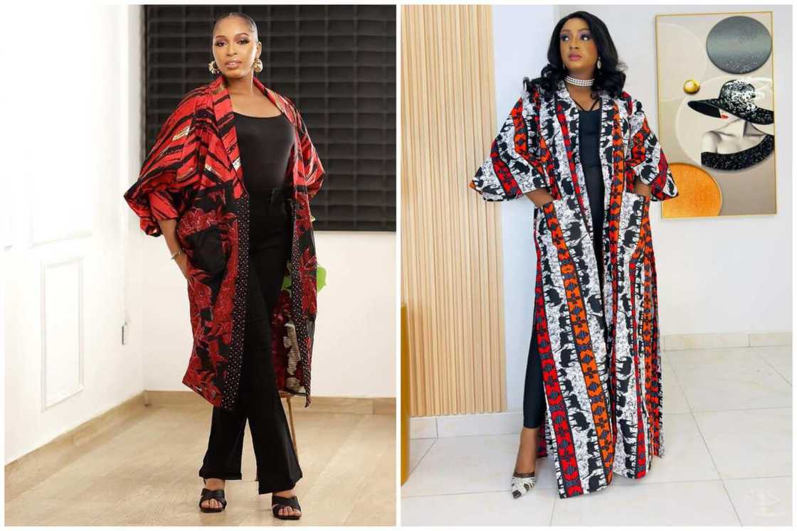 Two ladies showcasing different designs of damask kimono robes