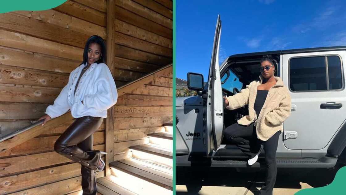 Adria Biles posing for a photo on wooden staircases (L). Adria standing beside a vehicle (R)