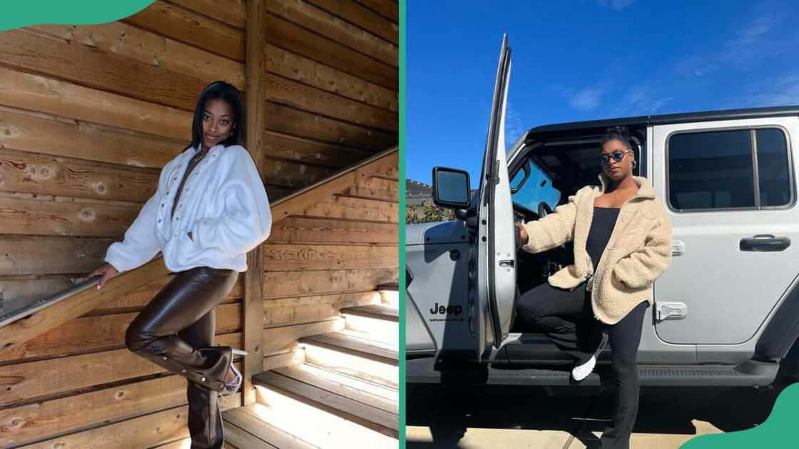 Adria Biles posing for a photo on wooden staircases (L). Adria standing beside a vehicle (R) Adria Biles posing for a photo on wooden staircases (L). Adria standing beside a vehicle (R)