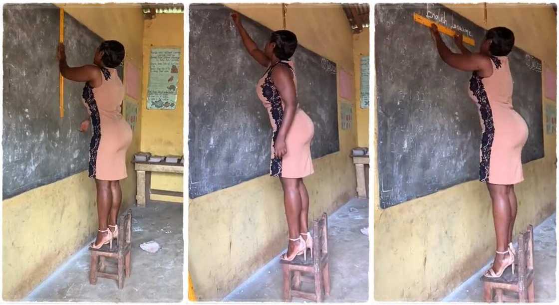 Photos of a teacher, Akosua Saffy writing on the blackboard. Photos of a teacher, Akosua Saffy writing on the blackboard.