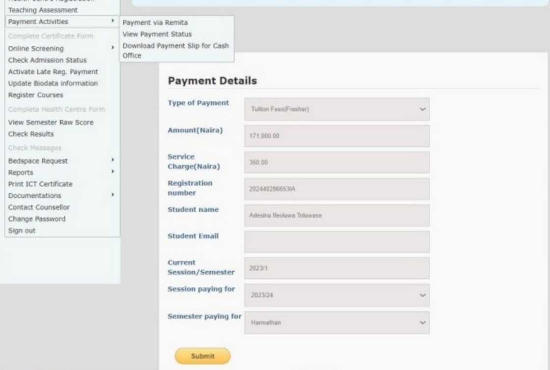 A screenshot of the Obafemi Awolowo University e-portal.