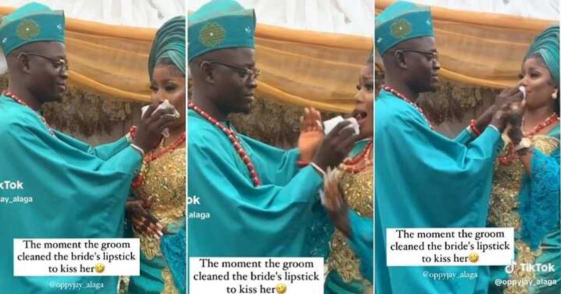 Groom wipes off bride's lipstick Groom wipes off bride's lipstick