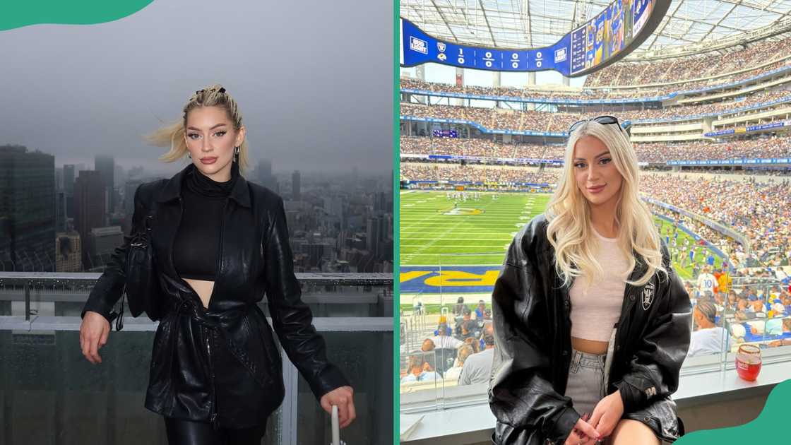 Ashly Schwan takes a solo picture on a building's rooftop (L). The online content creator attends a football match (R) Ashly Schwan takes a solo picture on a building's rooftop (L). The online content creator attends a football match (R)