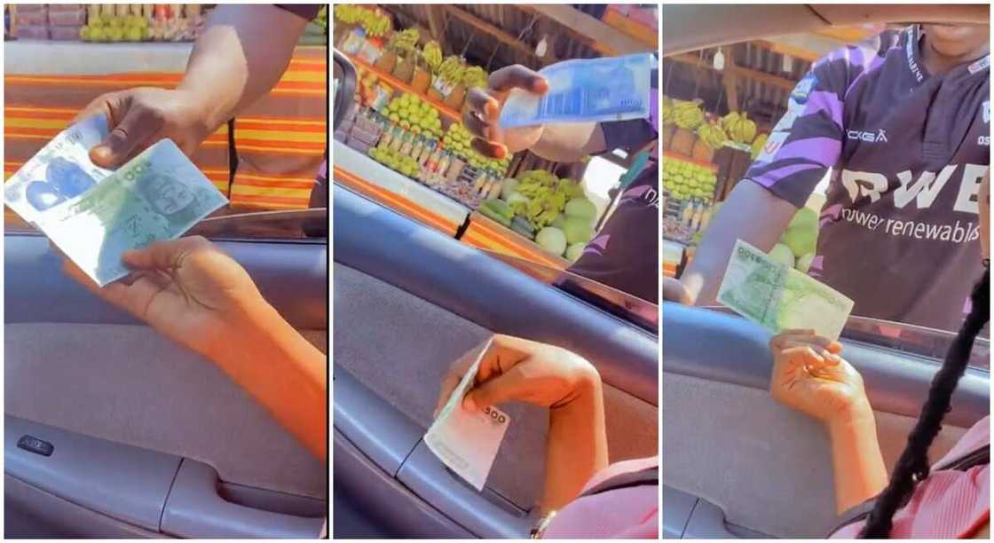 Photos of a fruit seller with new Naira notes. Photos of a fruit seller with new Naira notes.