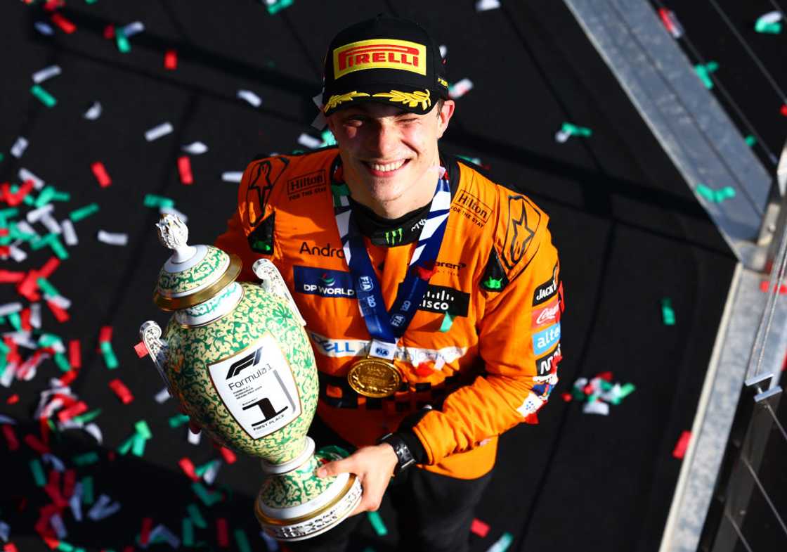 Oscar Piastri of Australia and McLaren celebrates his maiden race win on the podium during the F1 Grand Prix of Hungary Oscar Piastri of Australia and McLaren celebrates his maiden race win on the podium during the F1 Grand Prix of Hungary