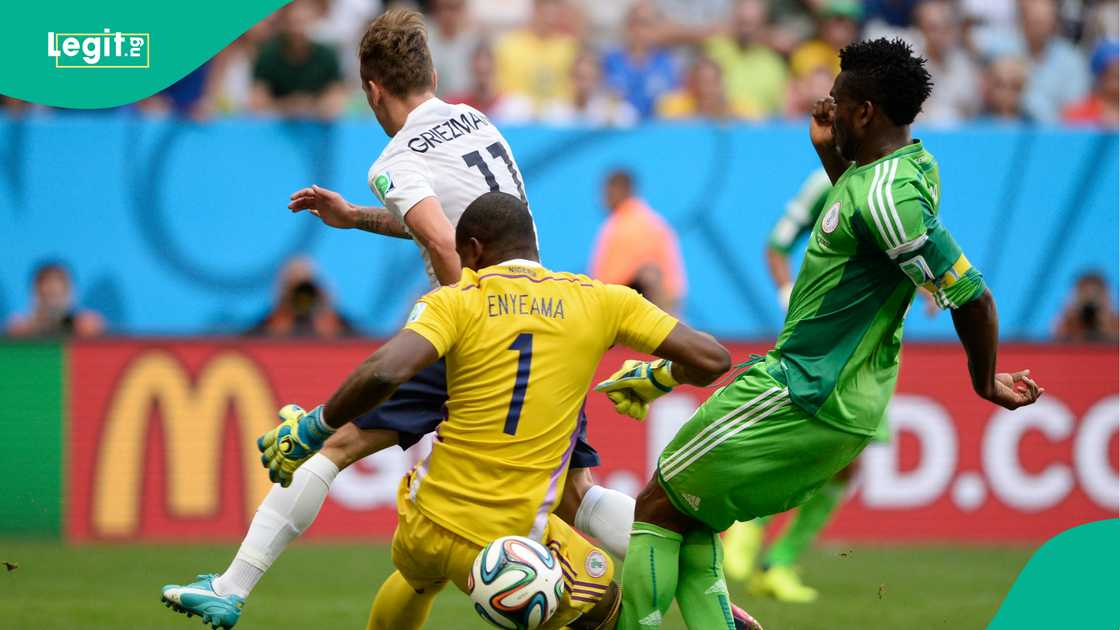 Vincent Enyeama and Joseph Yobo fail in action against Antoine Griezmann during the round of 16 match between France and Nigeria at the the 2014 FIFA World Cup. Photo by FRANCK FIFE