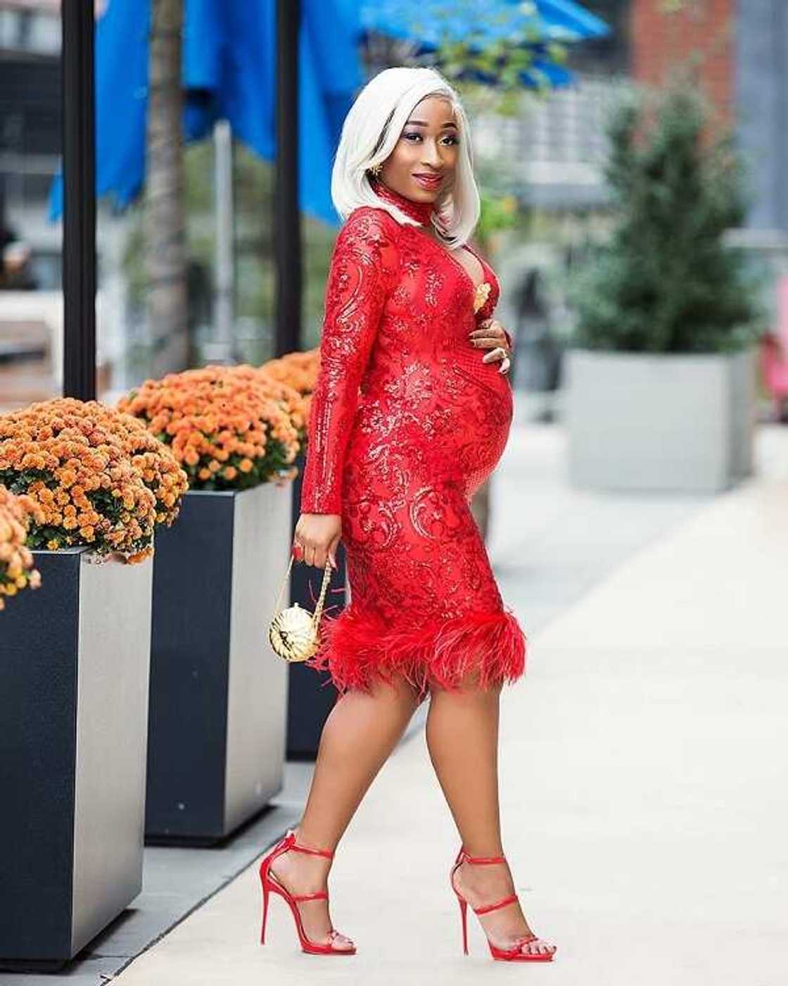 Red evening gown with floral pattern