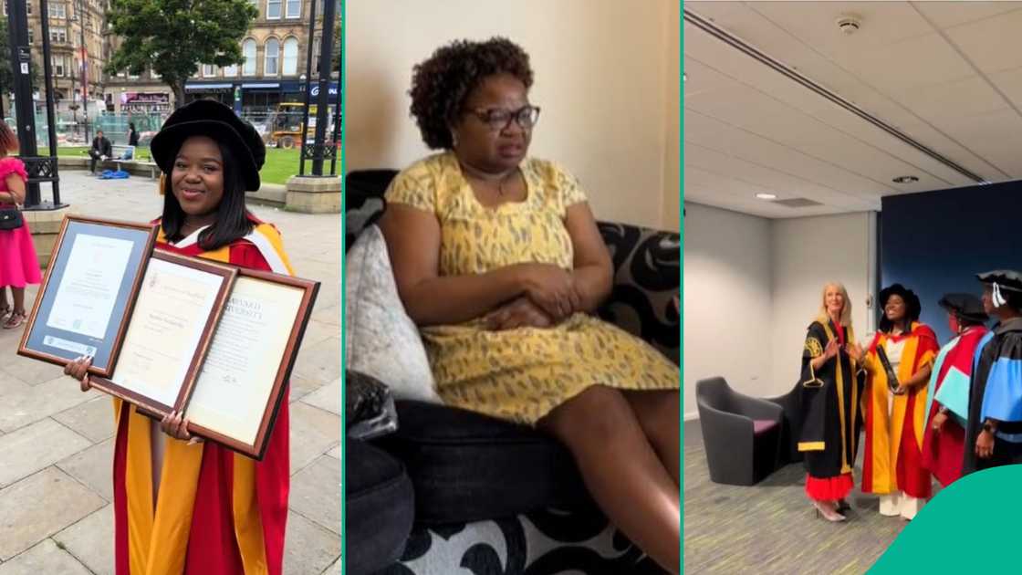 Young lady tells her mother about her honorary doctorate from University of Bradford Young lady tells her mother about her honorary doctorate from University of Bradford