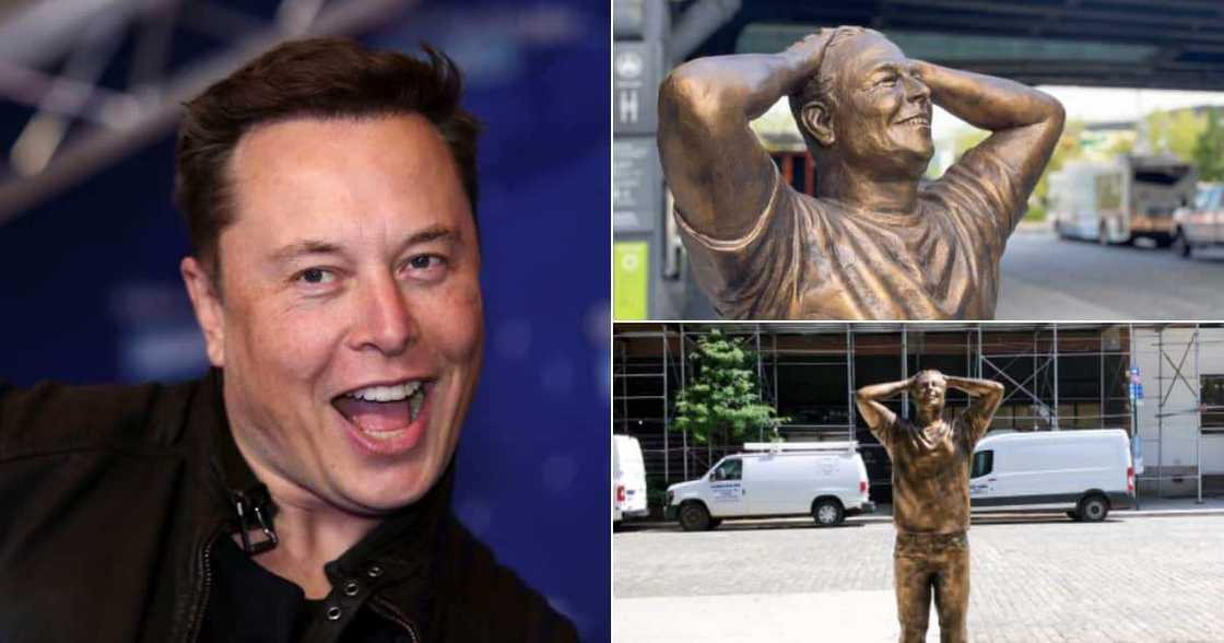 Photos of Elon Musk and the statue.