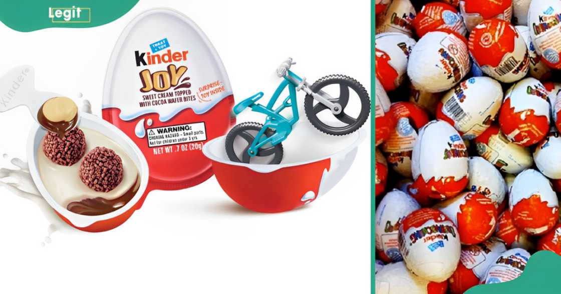 An opened Kinder Surprise Egg (L) and a collection of eggs (R).