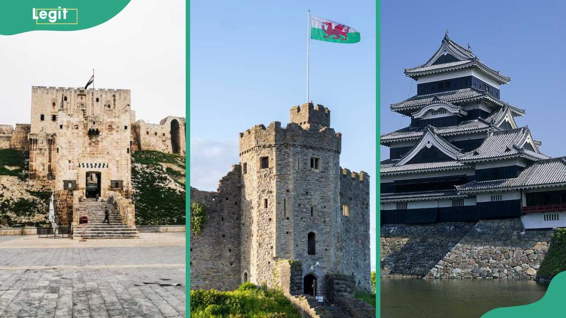 Citadel of Aleppo (L), Cardiff Castle (C), and Matsumoto Castle (R)