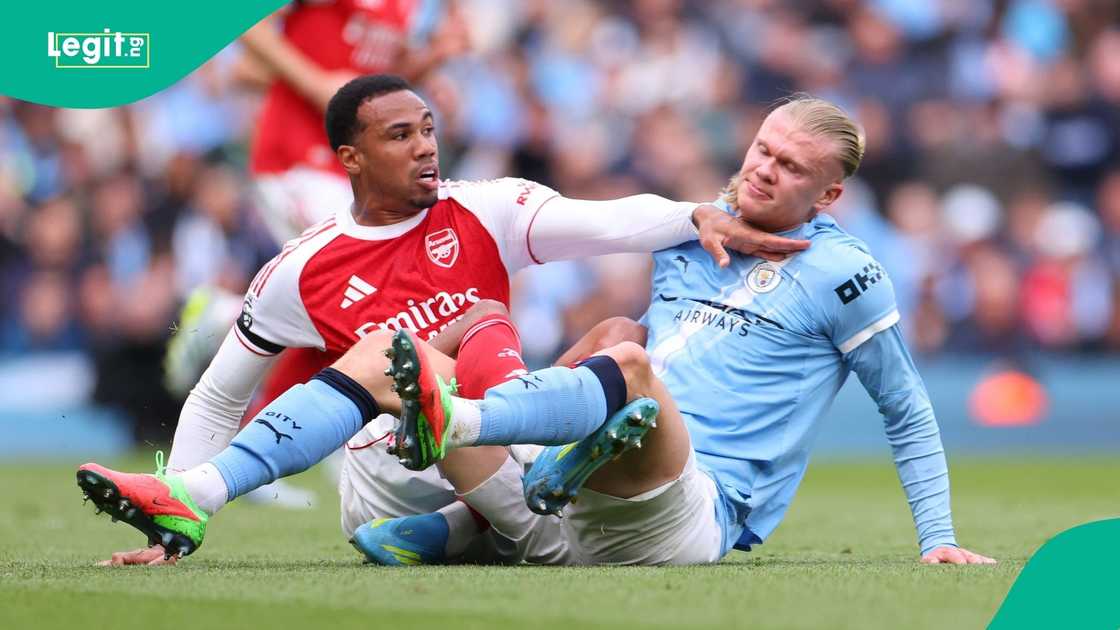 Arsenal, Gabriel Magalhaes, Manchester City, Erling Haaland, Premier League, Football. Arsenal, Gabriel Magalhaes, Manchester City, Erling Haaland, Premier League, Football.
