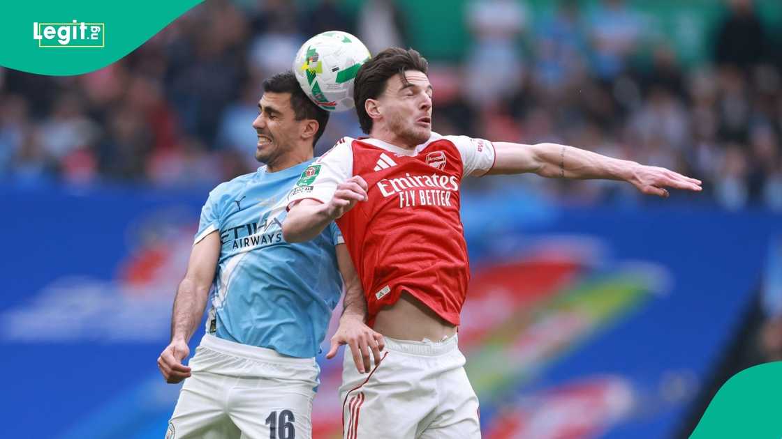 Rodri, Declan Rice, 2026 Carabao Cup final, Arsenal, Manchester City, Wembley Stadium, London, England. Rodri, Declan Rice, 2026 Carabao Cup final, Arsenal, Manchester City, Wembley Stadium, London, England.