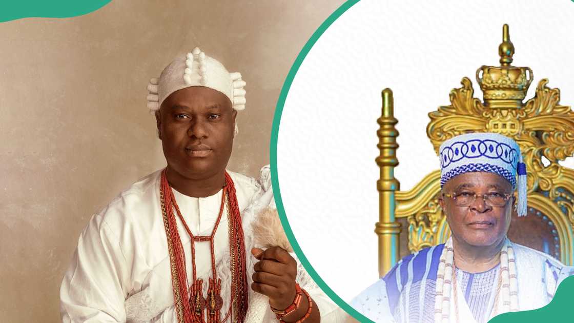 Oba Adeyeye Enitan Ogunwusi and Oba Michael Adedotun Aremu Gbadebo III sitting on their thrones