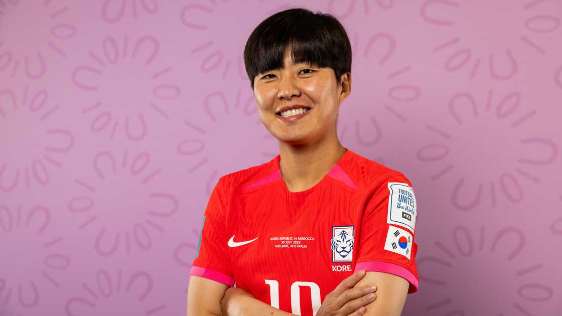 Ji So-yun crosses her hands in a pose during the official FIFA Women's World Cup portrait session Ji So-yun crosses her hands in a pose during the official FIFA Women's World Cup portrait session