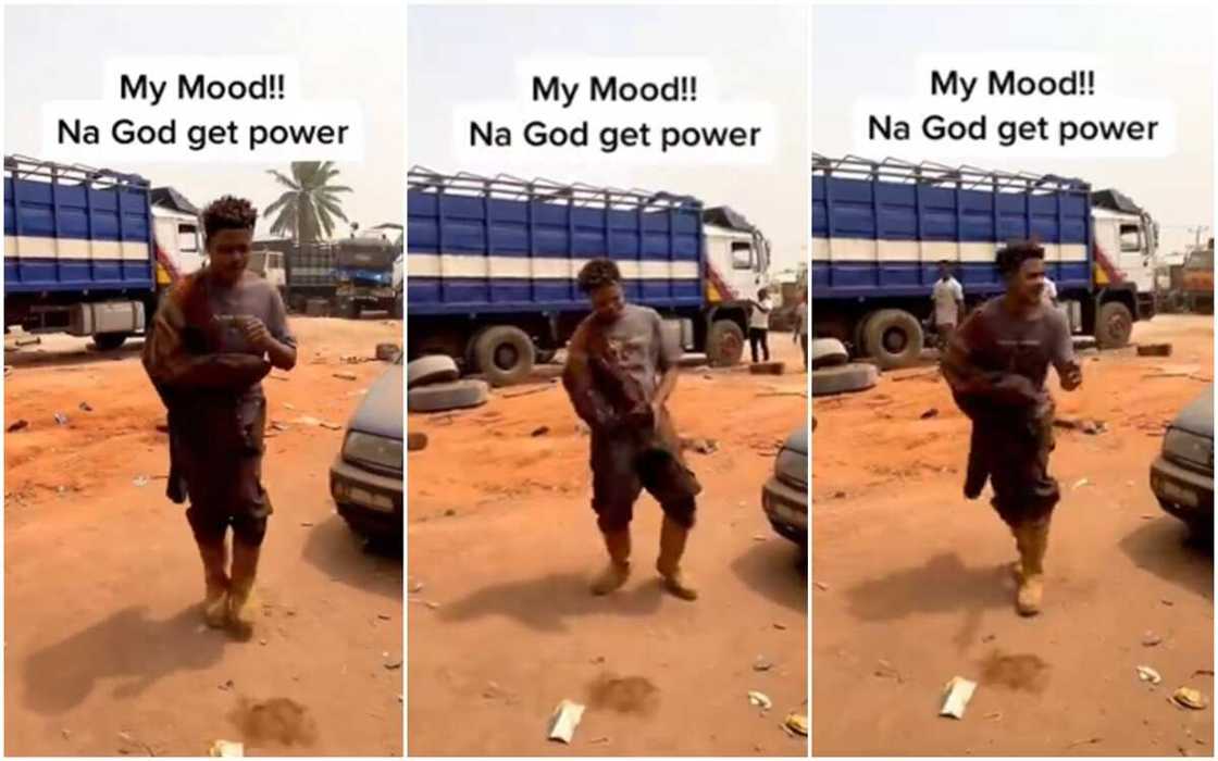 Nigerian mechanic drops his tools and breaks into a wild dance. Nigerian mechanic drops his tools and breaks into a wild dance.