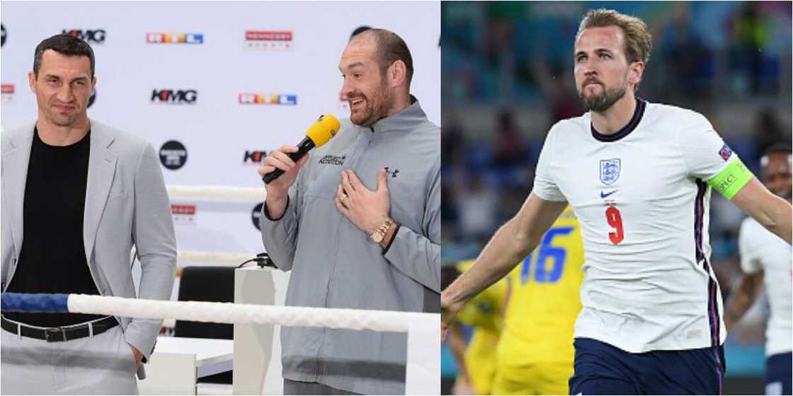 Tyson Fury shades Ukrainian boxer he beat to win heavyweight title after England victory.