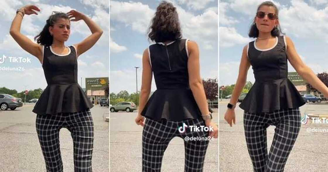 Lady with a wide gap between her legs flaunts it Lady with a wide gap between her legs flaunts it