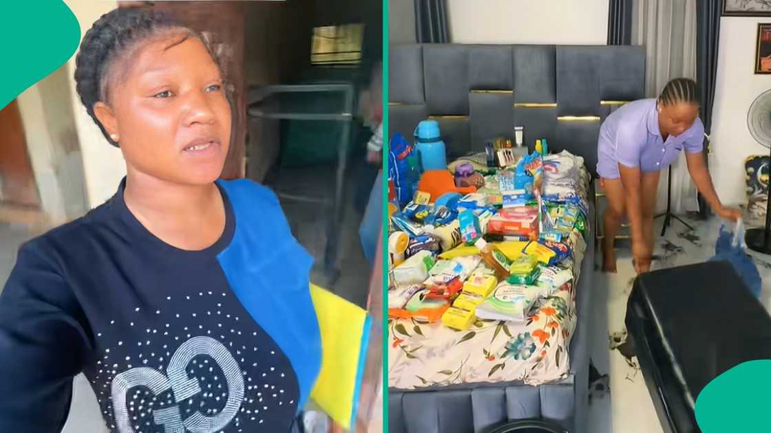 Nigerian lady packs large amount of food, toiletries, and supplies for NYSC camp, showing items like cornflakes, milk, and detergents in viral TikTok video.