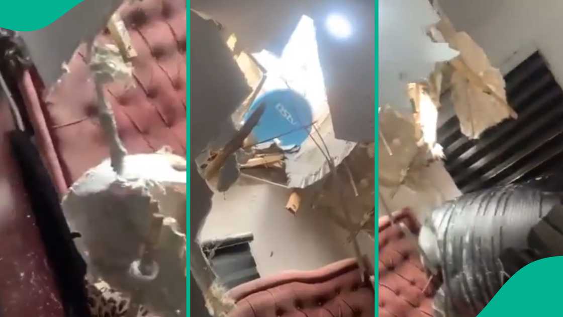 The impact of a water tank which fell on a building in Lagos. The impact of a water tank which fell on a building in Lagos.