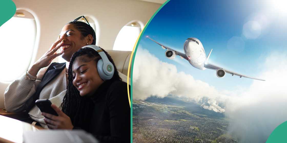 Passengers smiling on flight