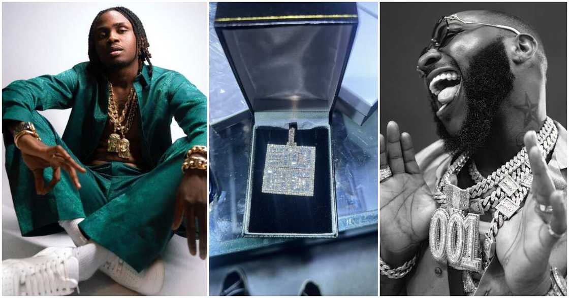 Davido gifts new signee Logos Olori customised 30BG pendant. Davido gifts new signee Logos Olori customised 30BG pendant.