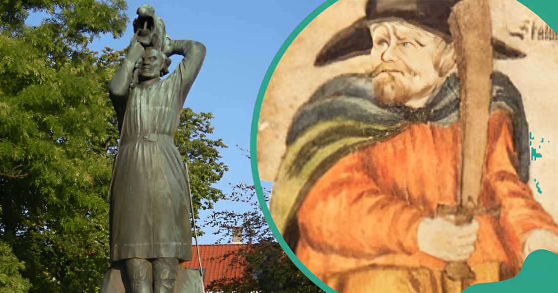 Artistic depiction of Egil Skallagrímsson in a statue and painting.