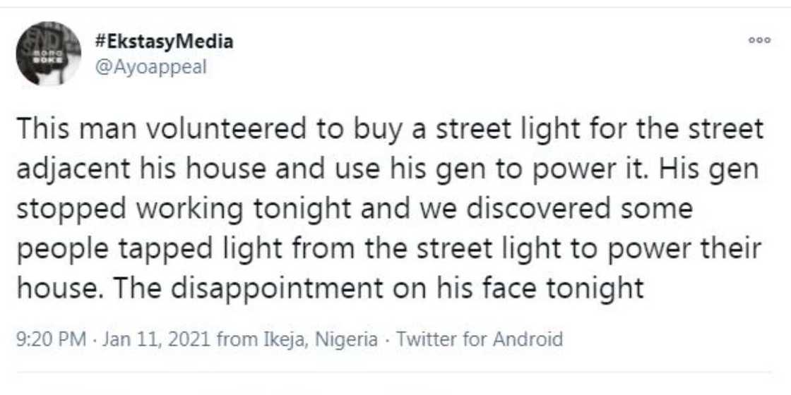 Man regrets buying and powering streetlight with his generator after residents powered their homes with it Man regrets buying and powering streetlight with his generator after residents powered their homes with it