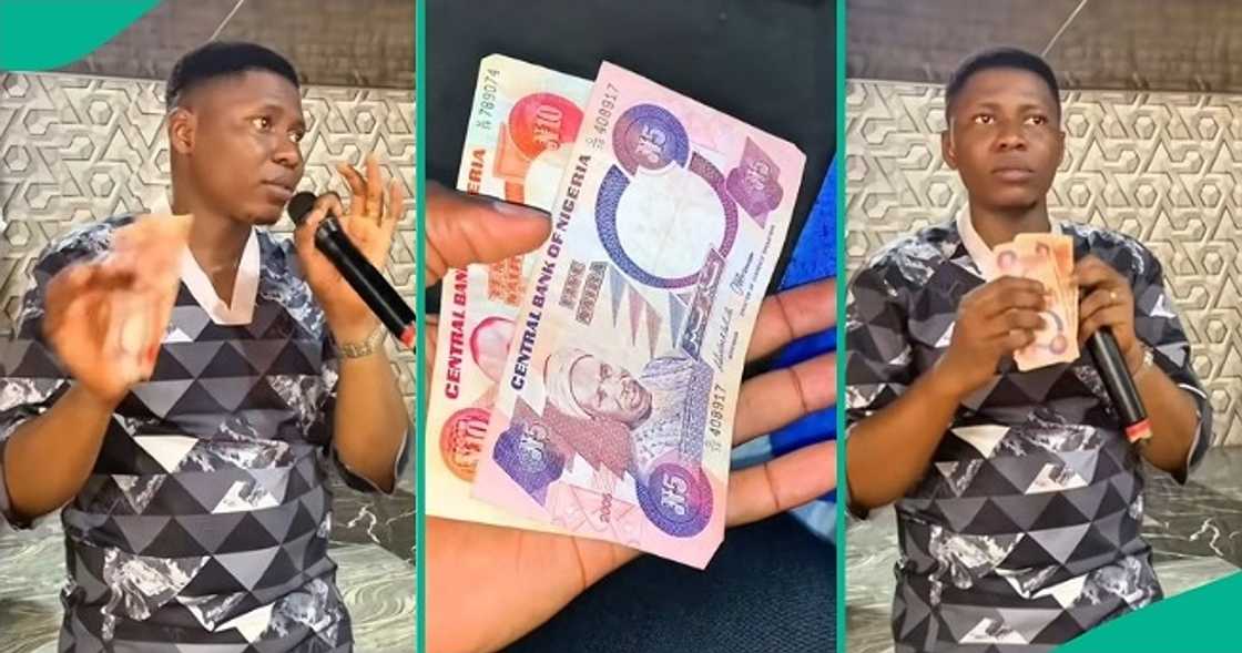 A Nigerian pastor, Kingsley SPM, reacts as church members present old N5 and N10 notes in church. A Nigerian pastor, Kingsley SPM, reacts as church members present old N5 and N10 notes in church.