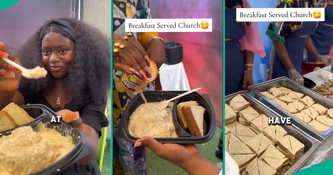 A Nigerian lady shared how her church served a yummy breakfast of oats and bread during a Sunday service. A Nigerian lady shared how her church served a yummy breakfast of oats and bread during a Sunday service.