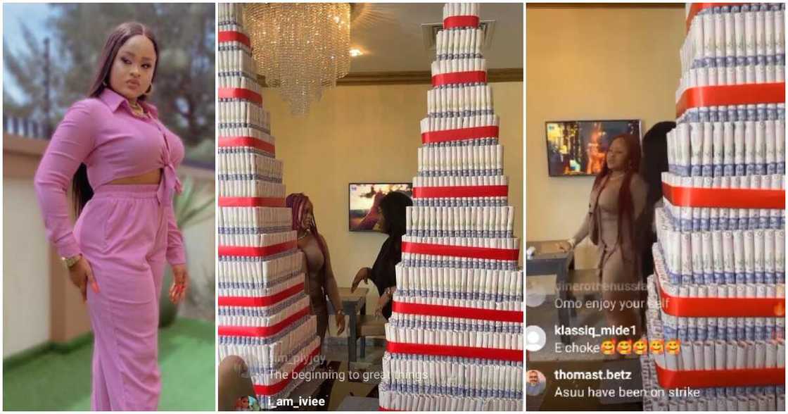 BBNaija Level Up star Amaka gifted 2 huge money cakes. BBNaija Level Up star Amaka gifted 2 huge money cakes.