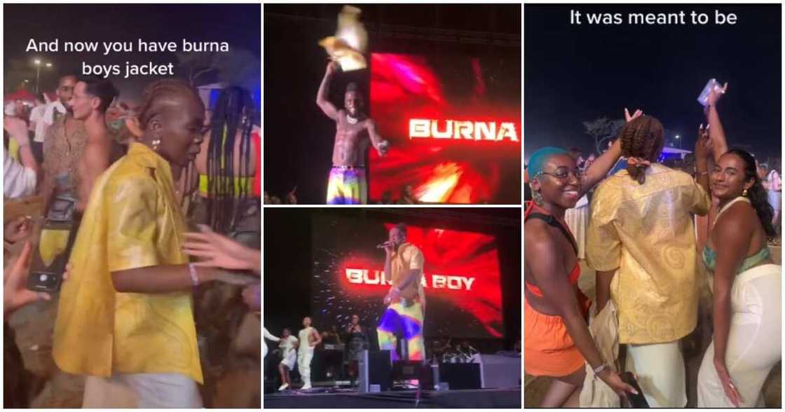 Burna Boy, lady catches Burna Boy's yellow jacket at show, Burna Boy's yellow jacket Burna Boy, lady catches Burna Boy's yellow jacket at show, Burna Boy's yellow jacket