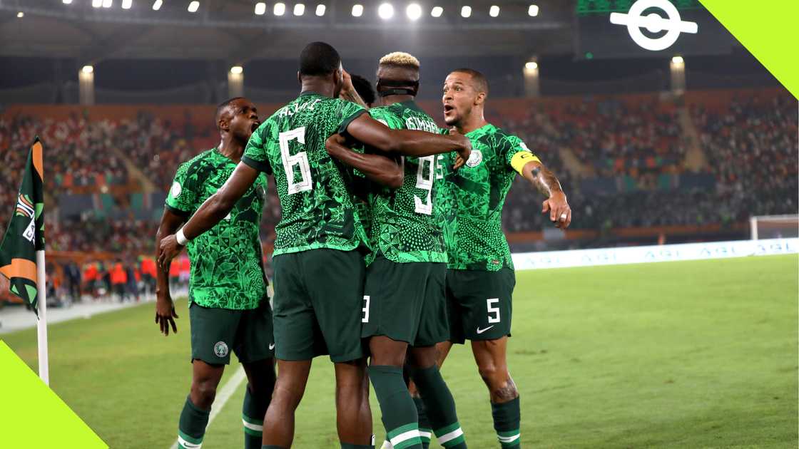 The Super Eagles of Nigeria celebrate after scoring a goal at the AFCON