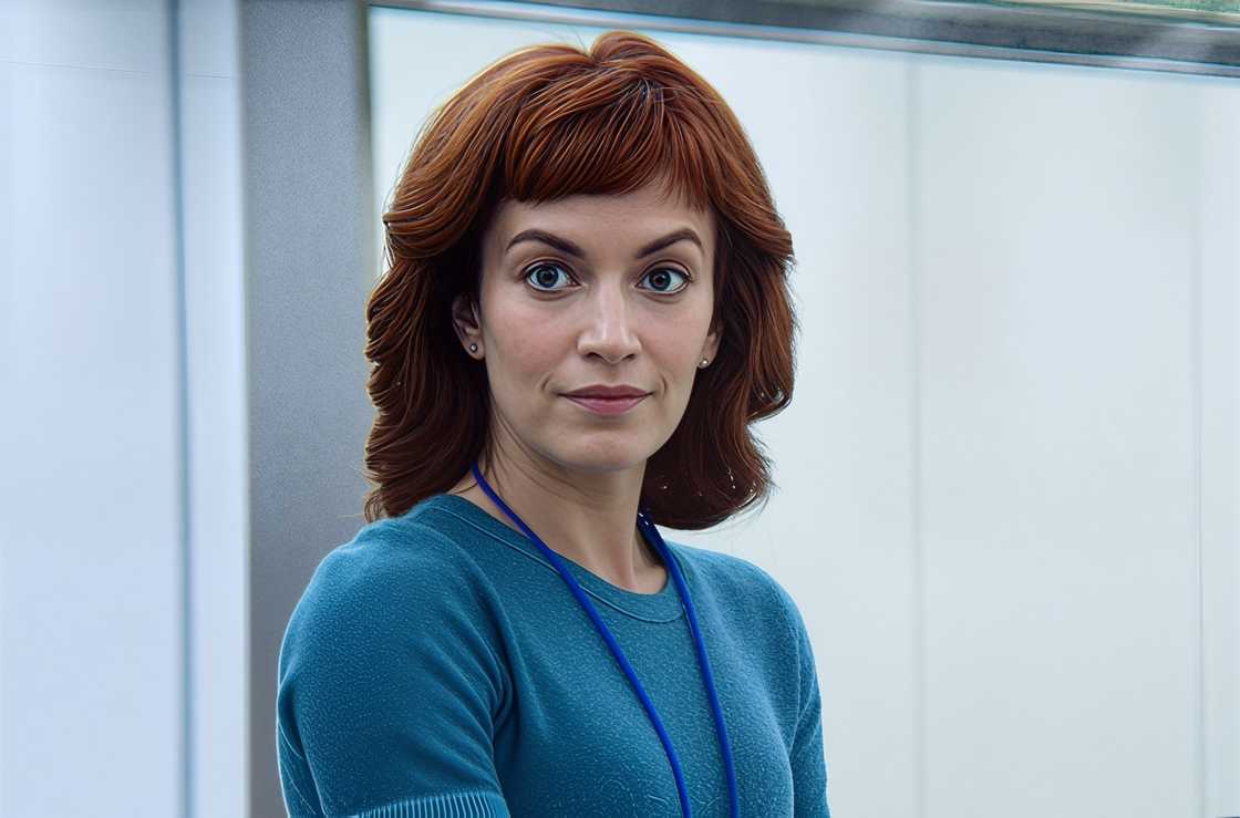 Britt Lower seen standing in a scene as Helly R.