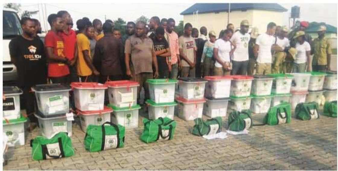 Corps members paraded for alleged election rigging in Rivers state.
Photo Credit: The Nation Corps members paraded for alleged election rigging in Rivers state.
Photo Credit: The Nation