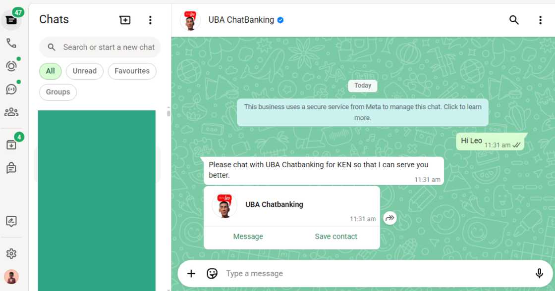 A screenshot of UBA's Chat Banking assistant, Leo A screenshot of UBA's Chat Banking assistant, Leo
