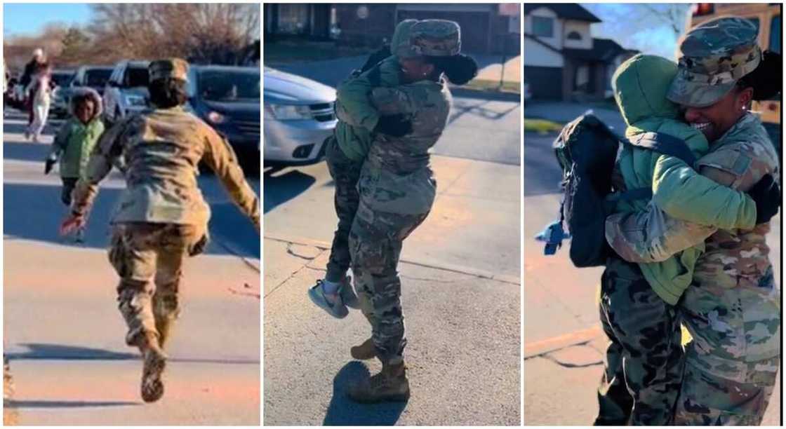 Photos of a female soldier hugging her son. Photos of a female soldier hugging her son.