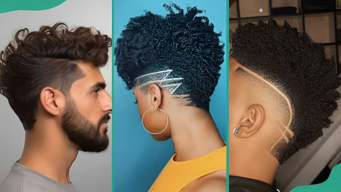 Pompadour with natural curl (L), Afro with shaved designs (C), Afro mohawk (R) Pompadour with natural curl (L), Afro with shaved designs (C), Afro mohawk (R)