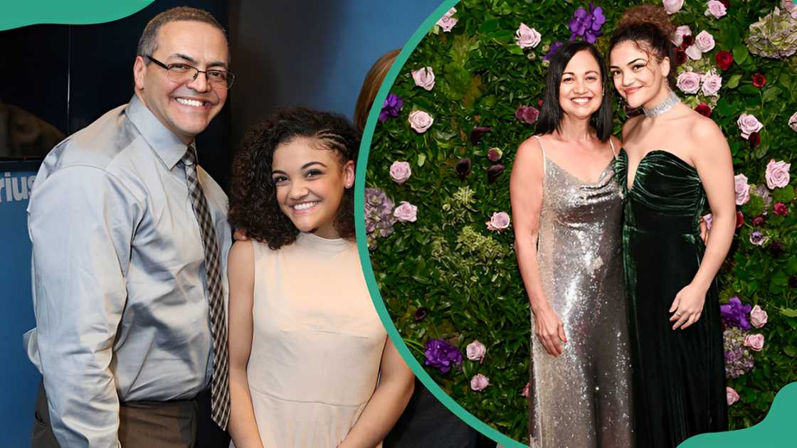 Laurie Hernandez poses with her father, Anthony Hernandez, at SiriusXM Studios (L) and with her mom at Jazz at Lincoln Center in New York City (R)