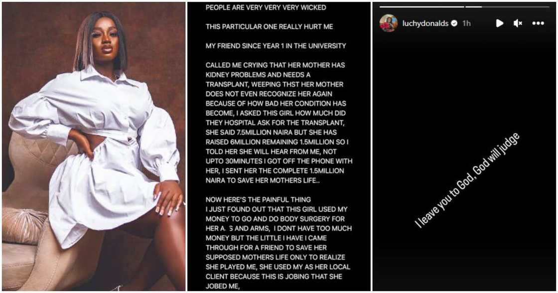 Actress Luchy Donalds' friend scams her of N1.5m after lying that mother needed kidney transplant. Actress Luchy Donalds' friend scams her of N1.5m after lying that mother needed kidney transplant.