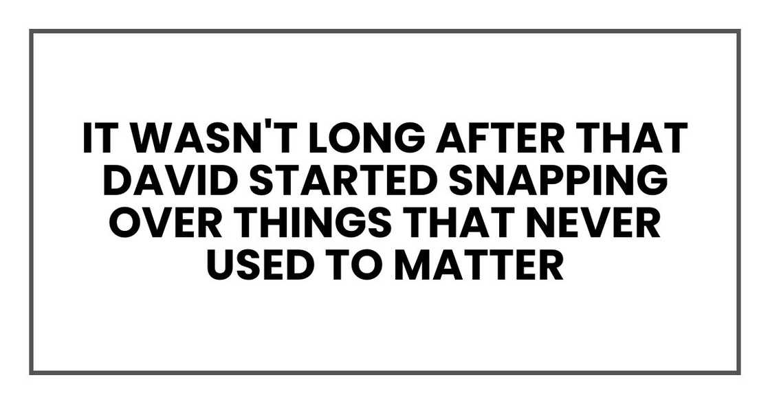 It wasn't long after that David started snapping over things that never used to matter It wasn't long after that David started snapping over things that never used to matter