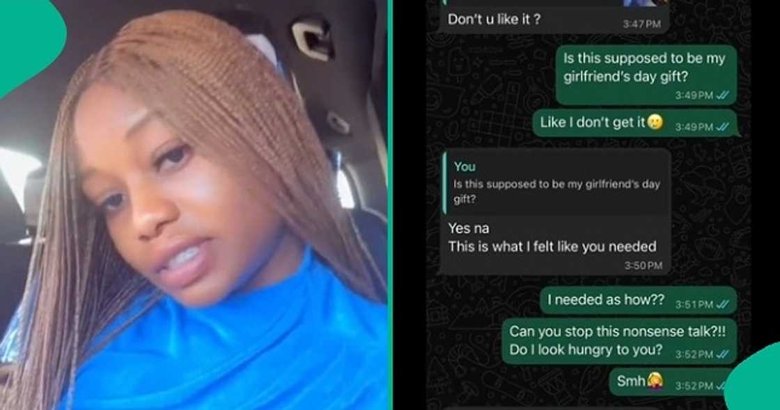 Angry lady shares her chat with boyfriend who sent akpu and fufu to her on Girlfriend's Day. Angry lady shares her chat with boyfriend who sent akpu and fufu to her on Girlfriend's Day.