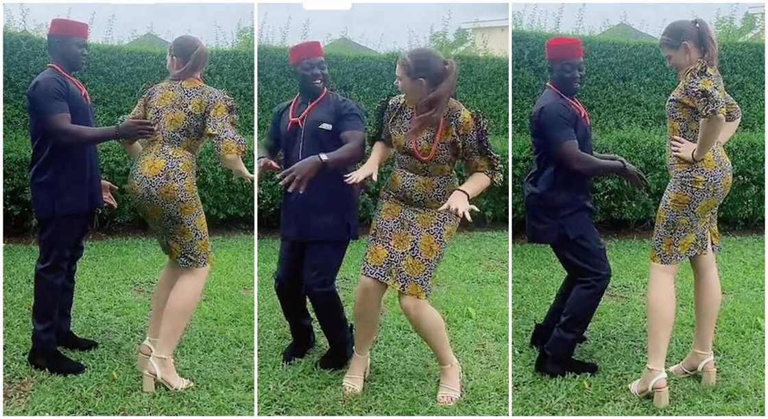 Nigerian man dances Egwu Abuja with Oyinbo lady. Nigerian man dances Egwu Abuja with Oyinbo lady.