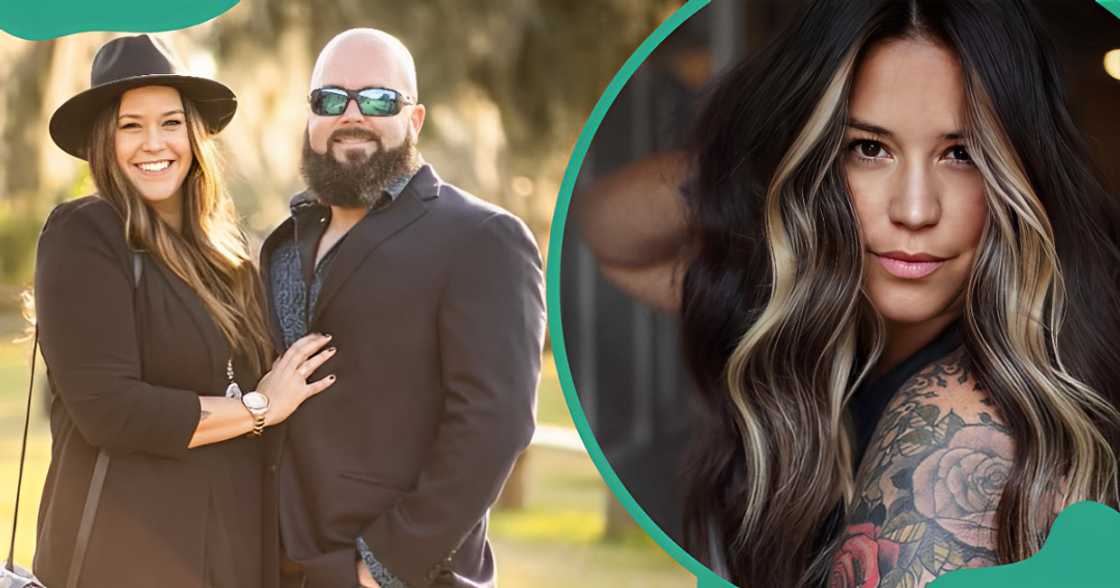 Samantha Rotunda-Pixley and her husband pose together and the realtor shows off her shoulder tattoo