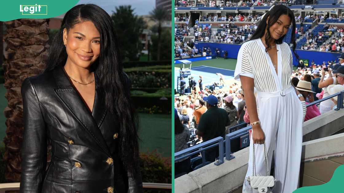 Chanel Iman is dressed in black attire. The model attends a tennis event.