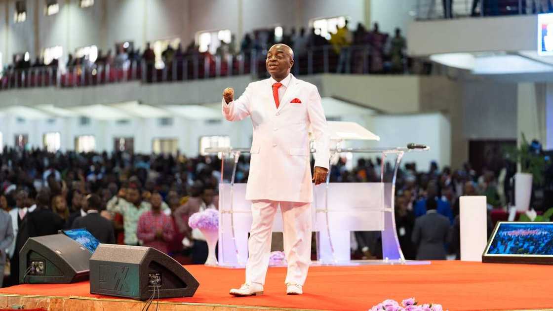 Bishop Oyedepo during a ministration Bishop Oyedepo during a ministration