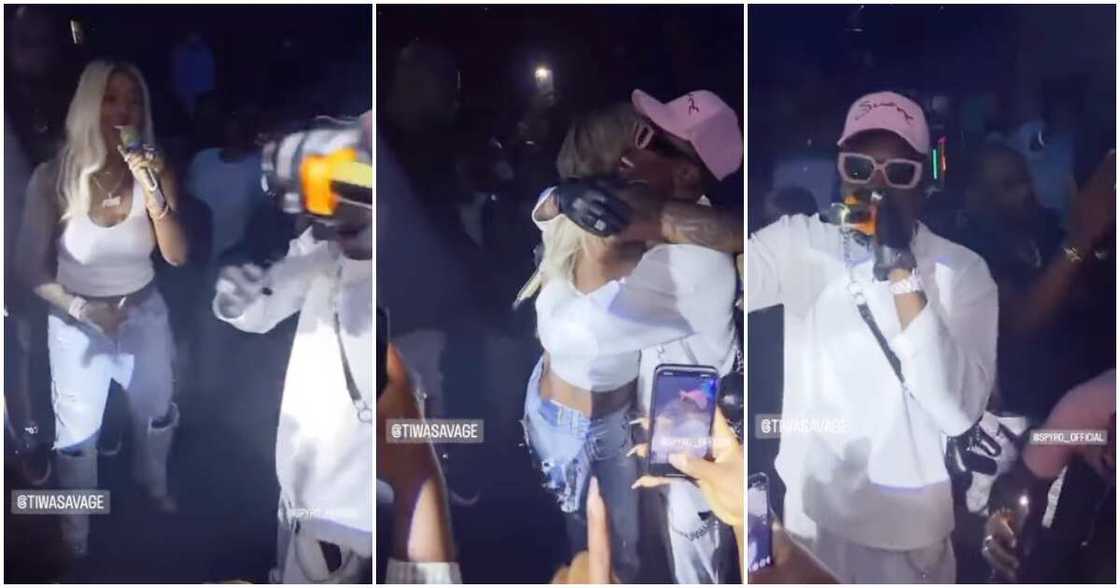 Tiwa Savage surprises Spyro on stage. Tiwa Savage surprises Spyro on stage.