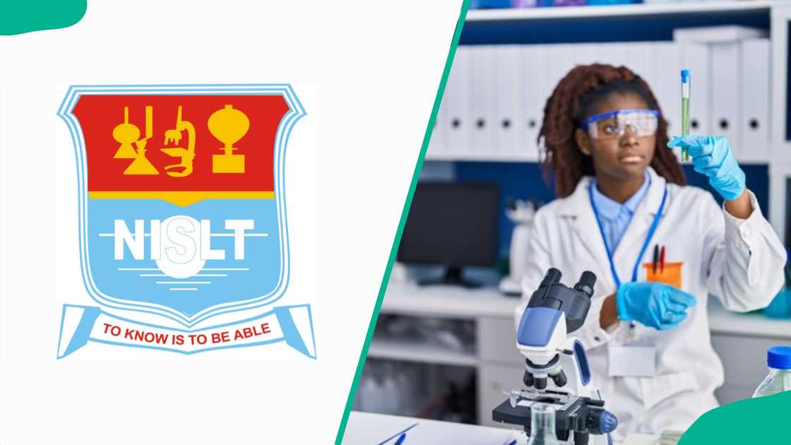 NISLT's logo and a woman doing a science experiment NISLT's logo and a woman doing a science experiment